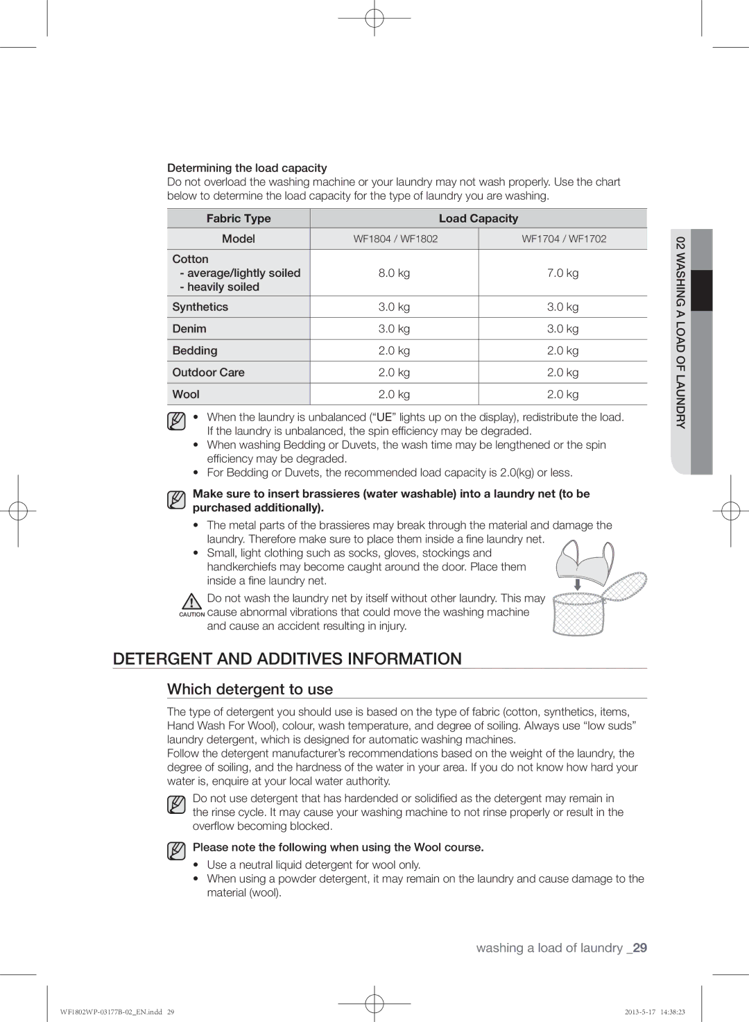 Samsung WF1802WPC/YKJ manual Detergent and additives information, Which detergent to use, Fabric Type Load Capacity 