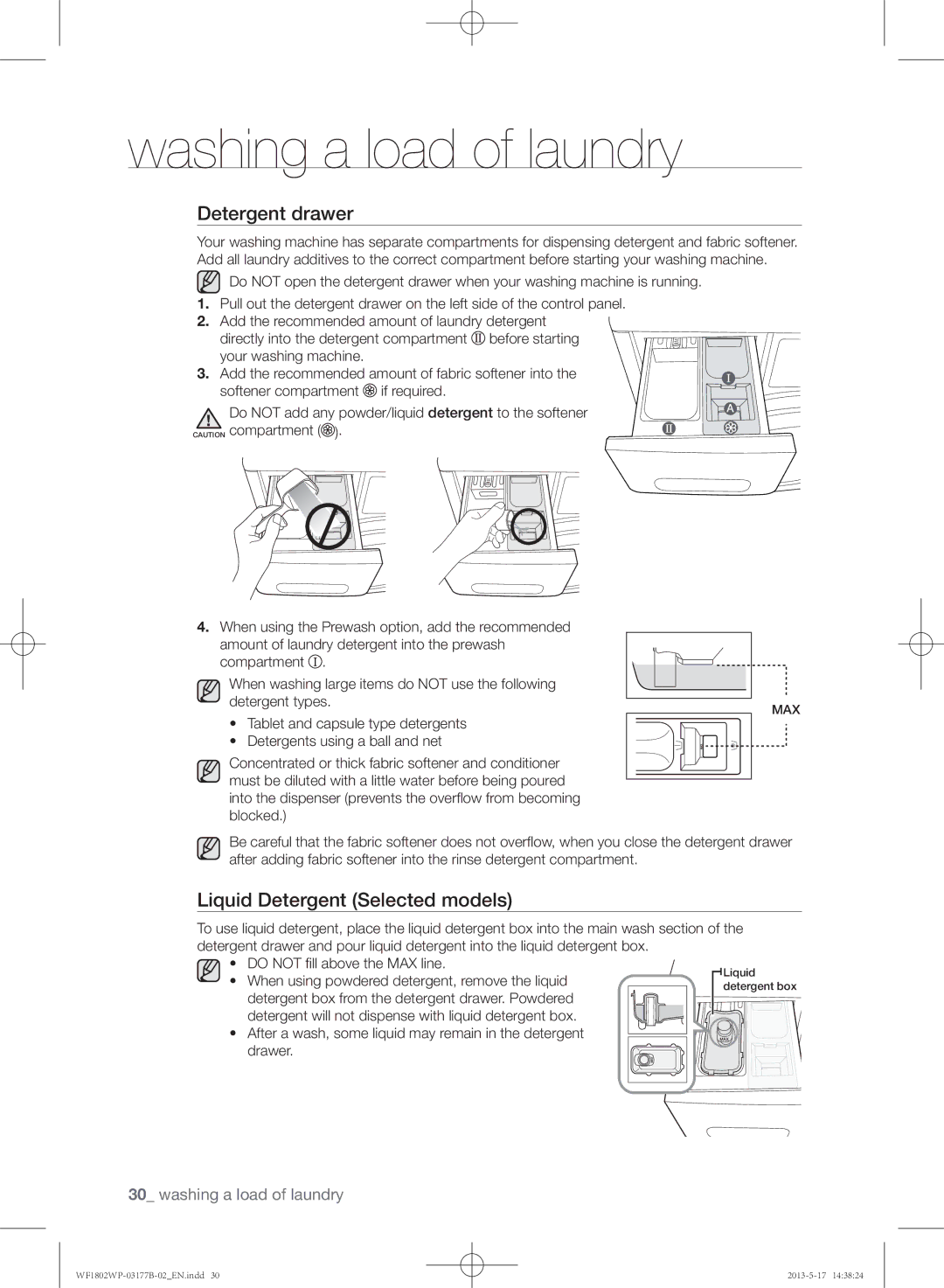 Samsung WF1802WPC/YKJ manual Detergent drawer, Liquid Detergent Selected models 