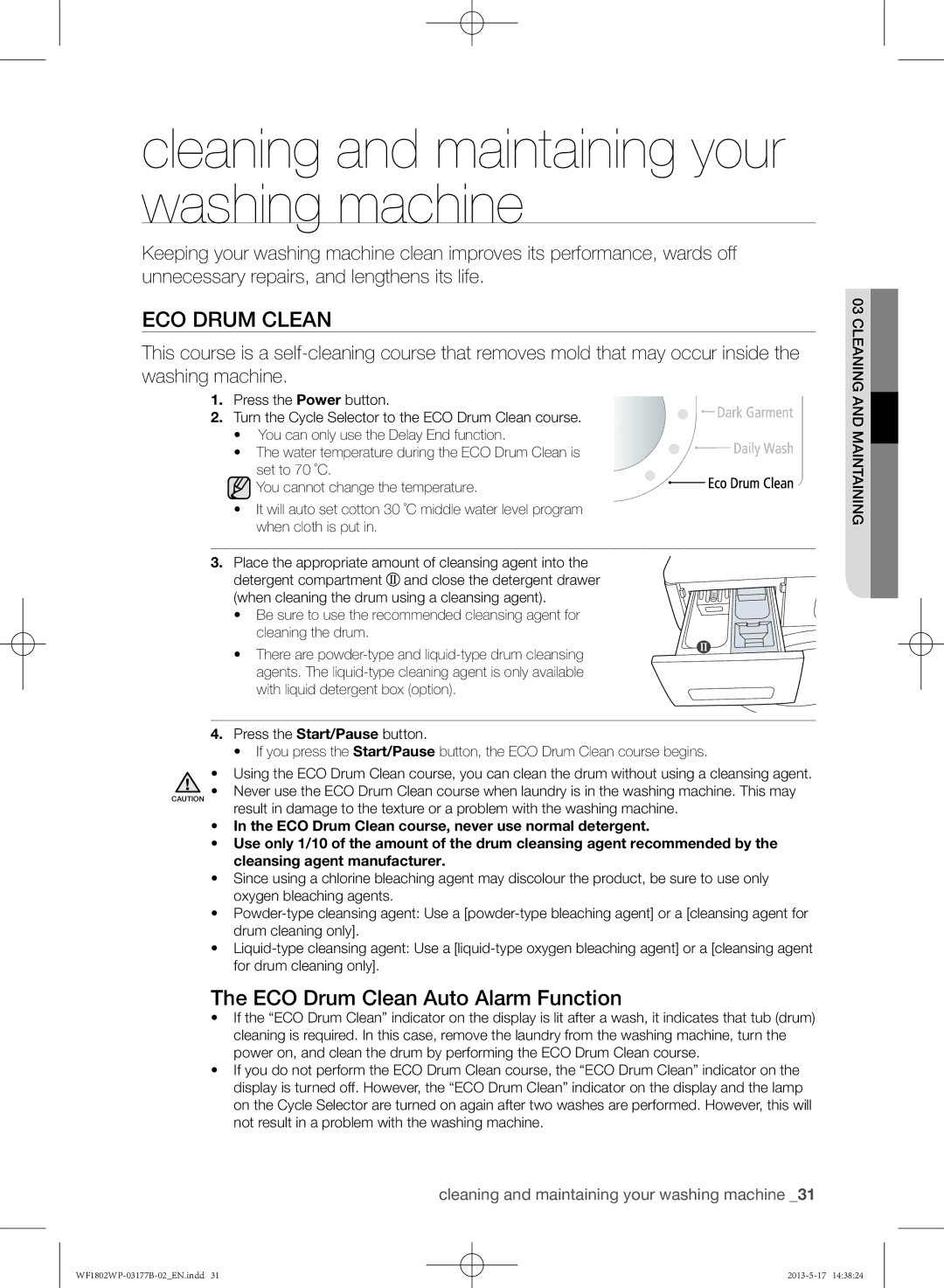 Samsung WF1802WPC/YKJ manual Cleaning and maintaining your washing machine, ECO Drum Clean Auto Alarm Function 