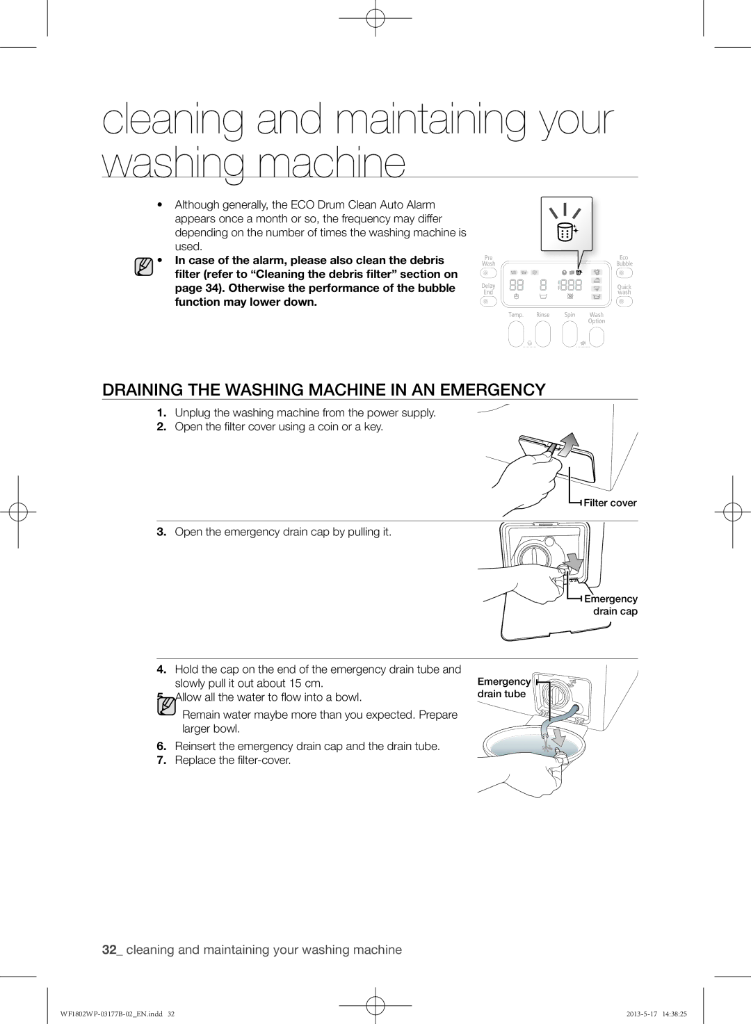 Samsung WF1802WPC/YKJ manual DrAininG tHE WASHinG mACHinE in An EmErGEnCy 