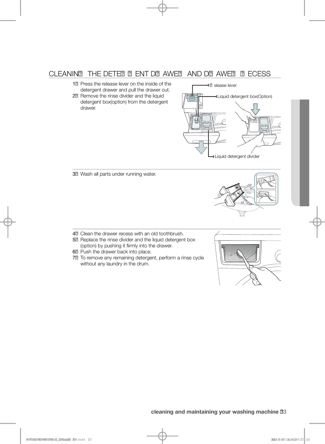 Samsung WF1802WPC/YKJ manual Cleaning the detergent drawer and drawer recess 