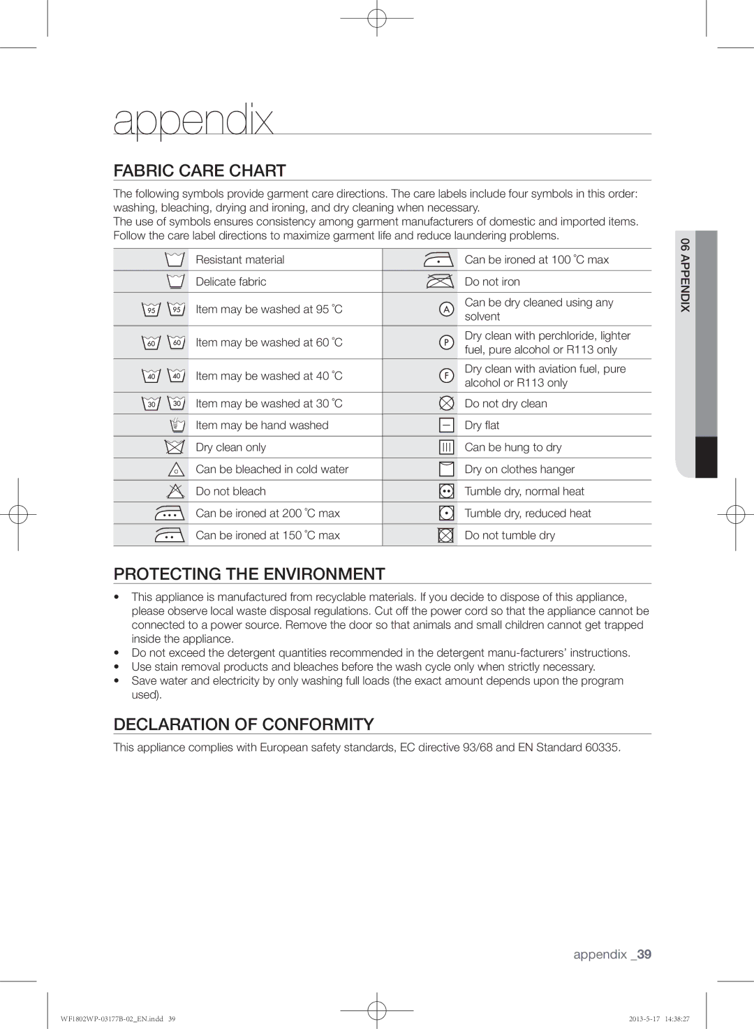 Samsung WF1802WPC/YKJ manual Appendix, Fabric care chart, Protecting the environment, Declaration of conformity 