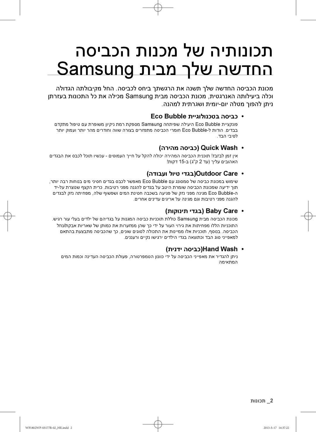 Samsung WF1802WPC/YKJ manual הסיבכה תונכמ לש היתונוכת Samsung תיבמ ךלש השדחה 