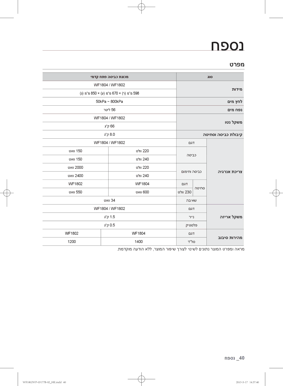 Samsung WF1802WPC/YKJ manual טרפמ 