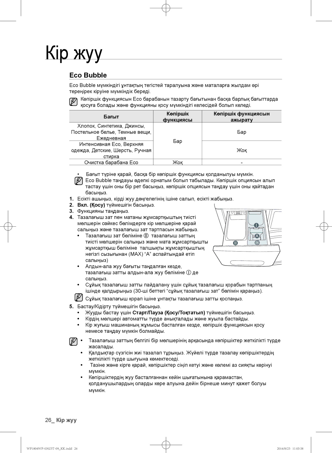 Samsung WF1802WPC/YLP, WF1804WPY/YLP, WF1804WPC/YLP Eco Bubble, Бағыт Көпіршік Көпіршік функциясын Функциясы Ажырату, Жоқ 