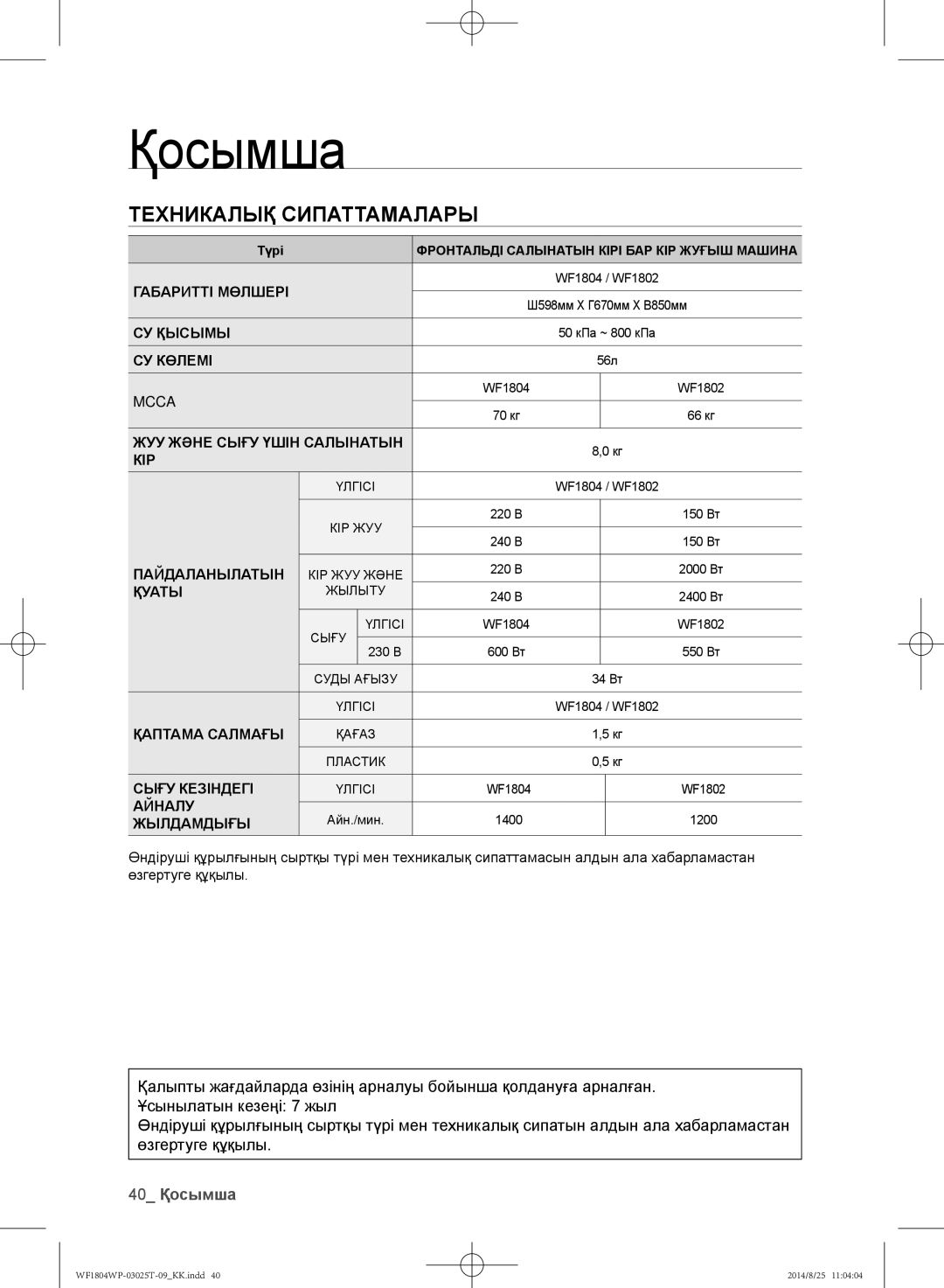 Samsung WF1804WPC/YLP, WF1802WPC/YLP, WF1804WPY/YLP manual Техникалық сипаттамалары, Қуаты 