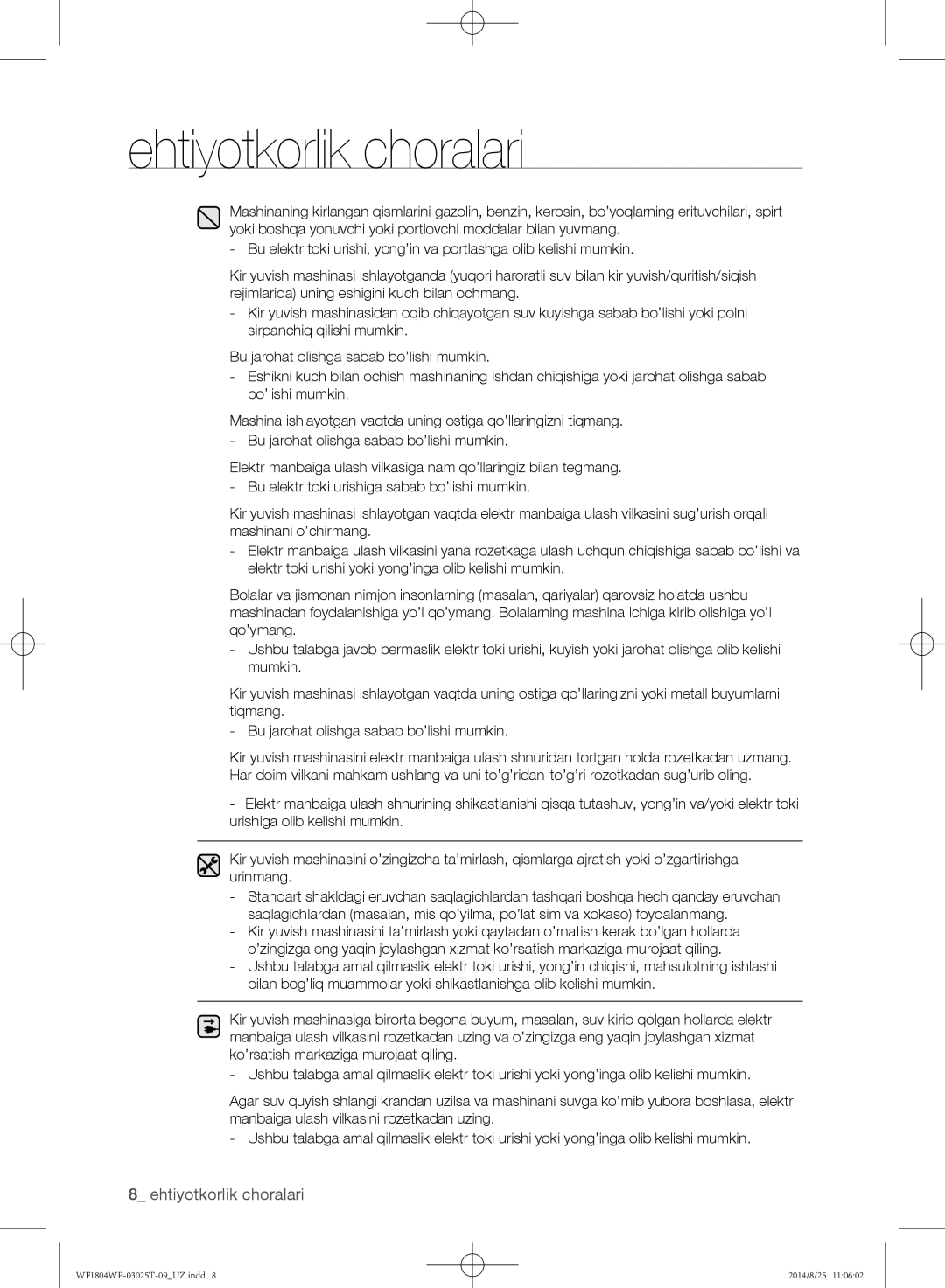 Samsung WF1804WPC/YLP, WF1802WPC/YLP, WF1804WPY/YLP manual Ehtiyotkorlik choralari 