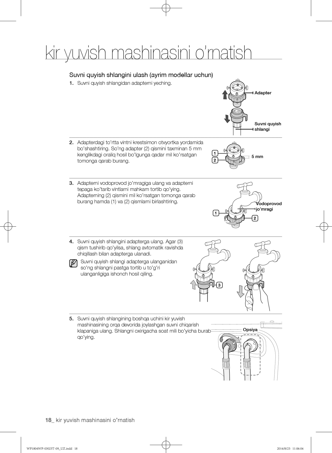 Samsung WF1802WPC/YLP manual Suvni quyish shlangini ulash ayrim modellar uchun, Suvni quyish shlangidan adapterni yeching 