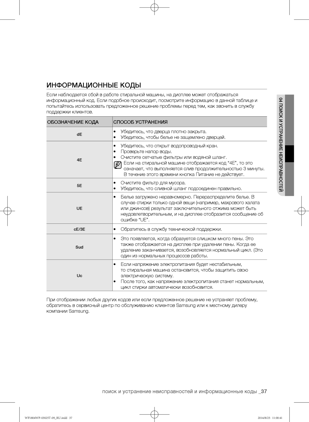 Samsung WF1804WPY/YLP, WF1802WPC/YLP manual Информационные коды, Поиск и устранение неисправностей и информационные коды 