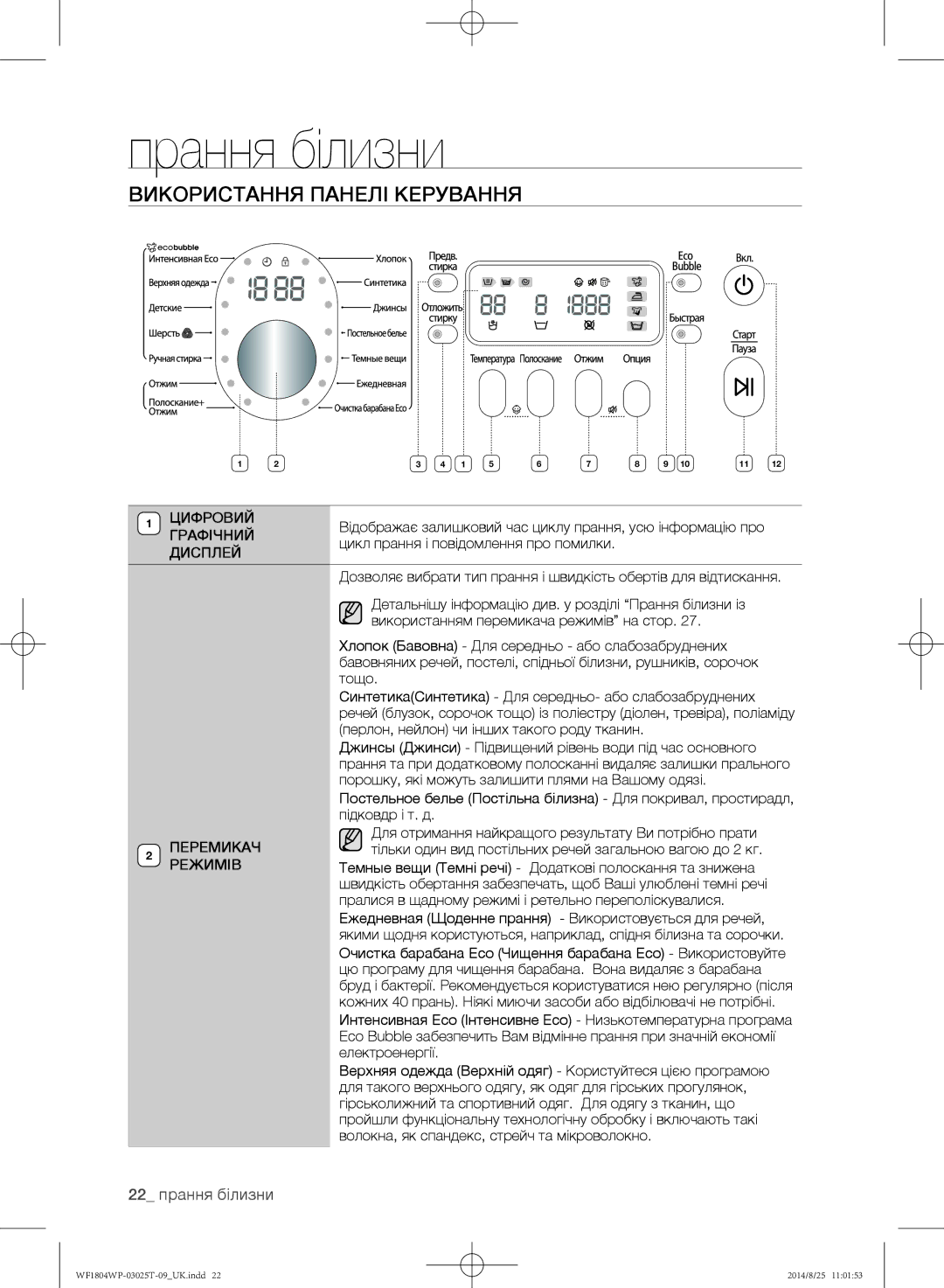 Samsung WF1802WPC/YLP manual Використання панелі керування, 22 прання білизни, Цифровий, Графічний, Перемикач Режимів 