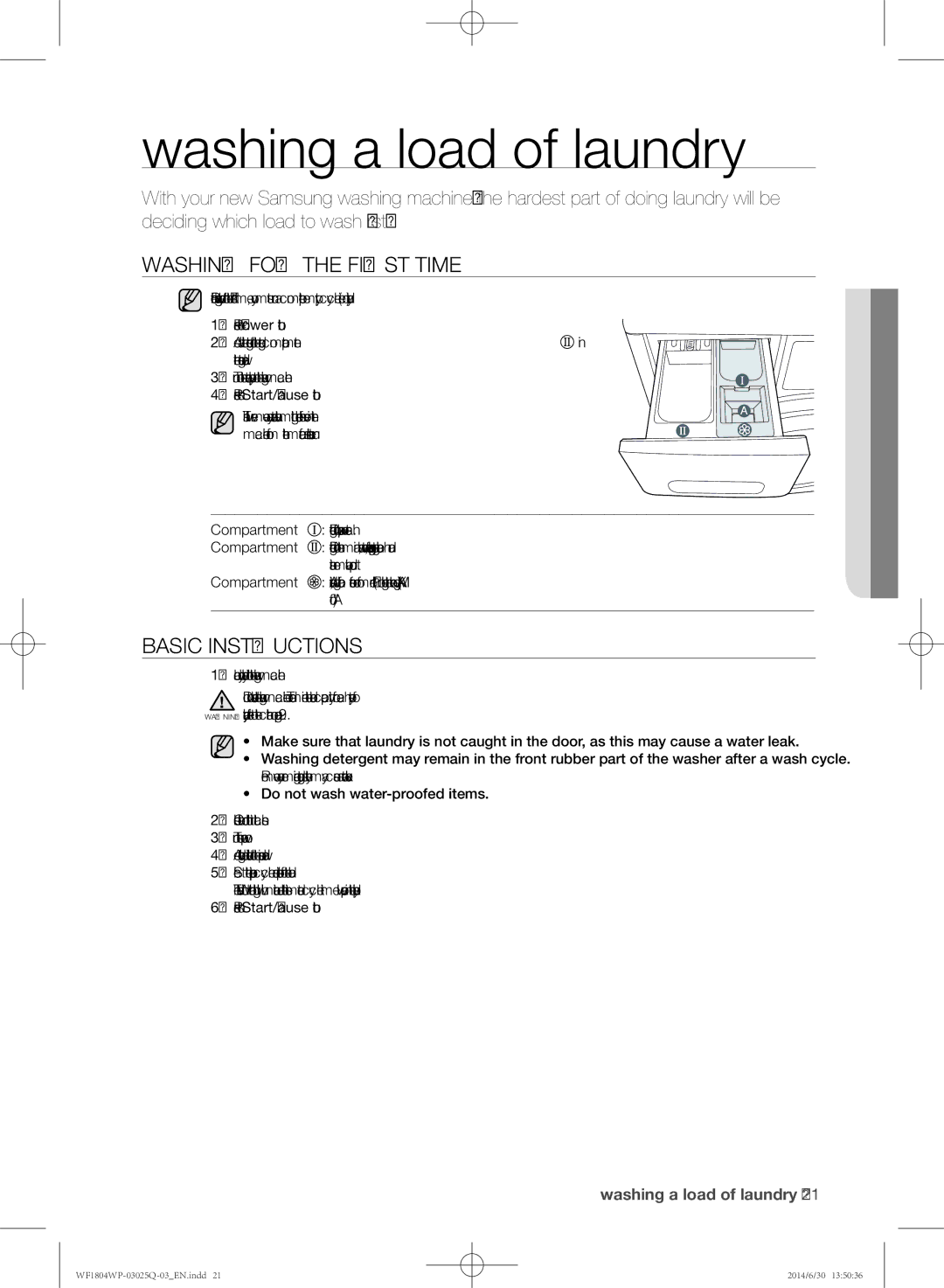 Samsung WF1802WPU/XSG manual Washing a load of laundry, Washing for the first time, Basic instructions 