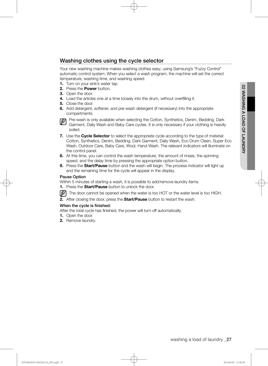 Samsung WF1802WPU/XSG manual Washing clothes using the cycle selector 