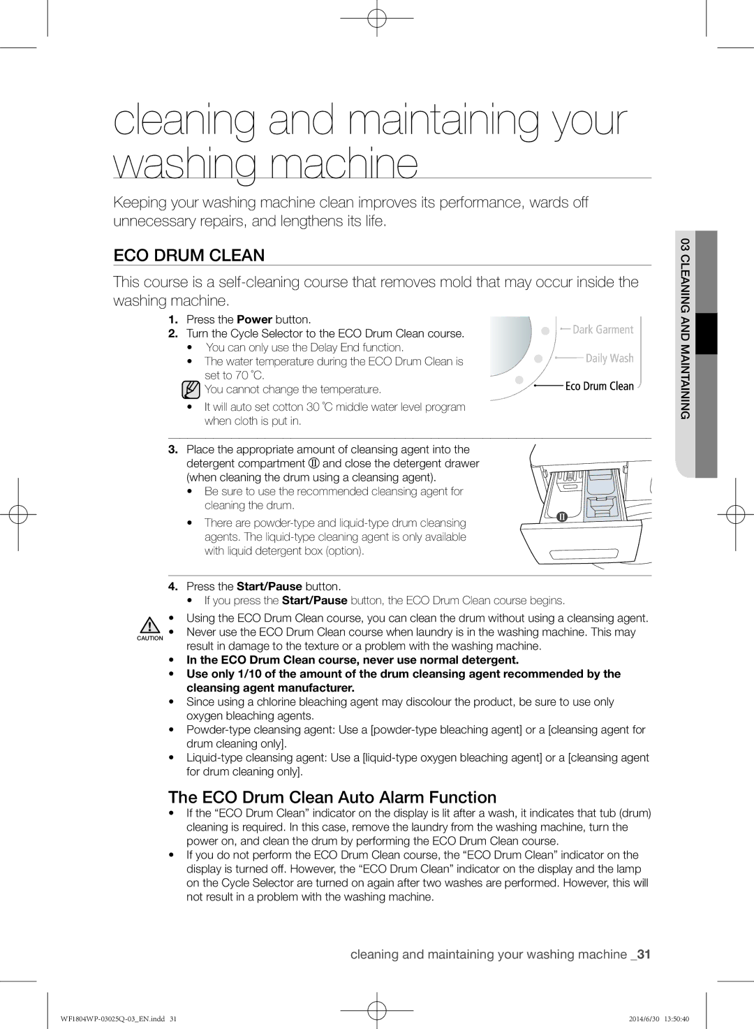 Samsung WF1802WPU/XSG manual Cleaning and maintaining your washing machine, ECO Drum Clean Auto Alarm Function 