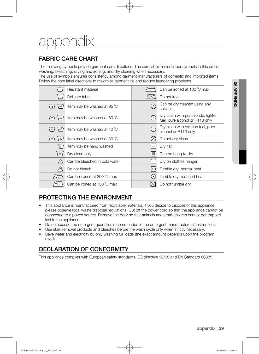 Samsung WF1802WPU/XSG Appendix, Fabric care chart, Protecting the environment, Declaration of conformity, Ixdne App06 