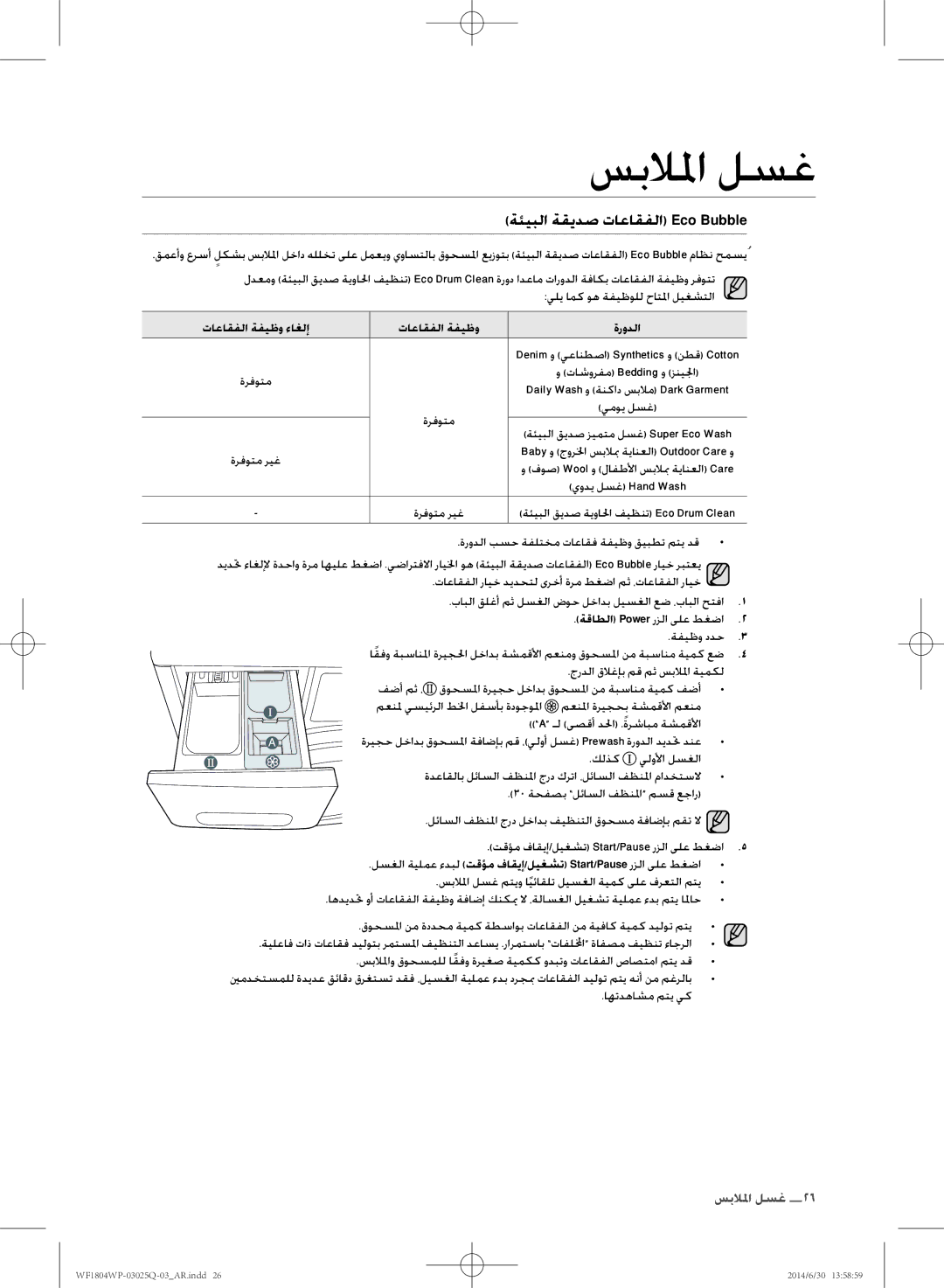 Samsung WF1802WPU/XSG manual ةئيبلا ةقيدص تاعاقفلا Eco Bubble, تاعاقفلا ةفيظو ءاغلإ ةرودلا, ةرفوتم يموي لسغ, ةرفوتم ريغ 