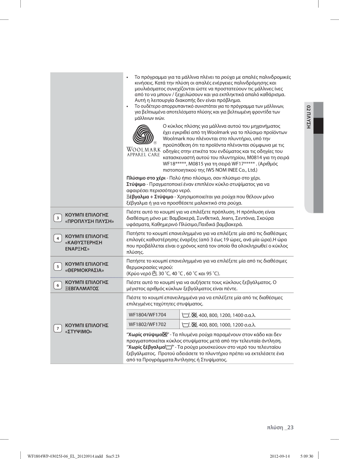 Samsung WF1802WPV2/YLV, WF1802WPV/YLV manual «Προπλυση Πλυση», «Καθυστερηση, Εναρξησ», «Θερμοκρασια», Ξεβγαλματοσ, «Στυψιμο» 