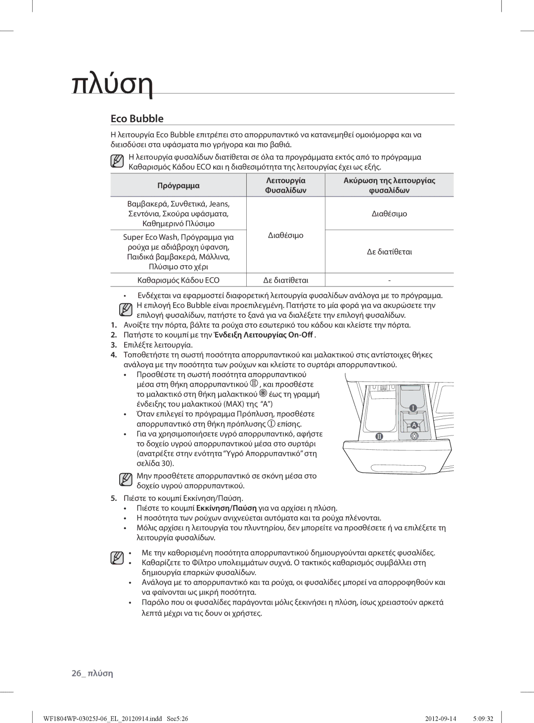 Samsung WF1802WPV2/YLV manual Eco Bubble, 26 πλύση, Πρόγραμμα Λειτουργία Ακύρωση της λειτουργίας, Επιλέξτε λειτουργία 