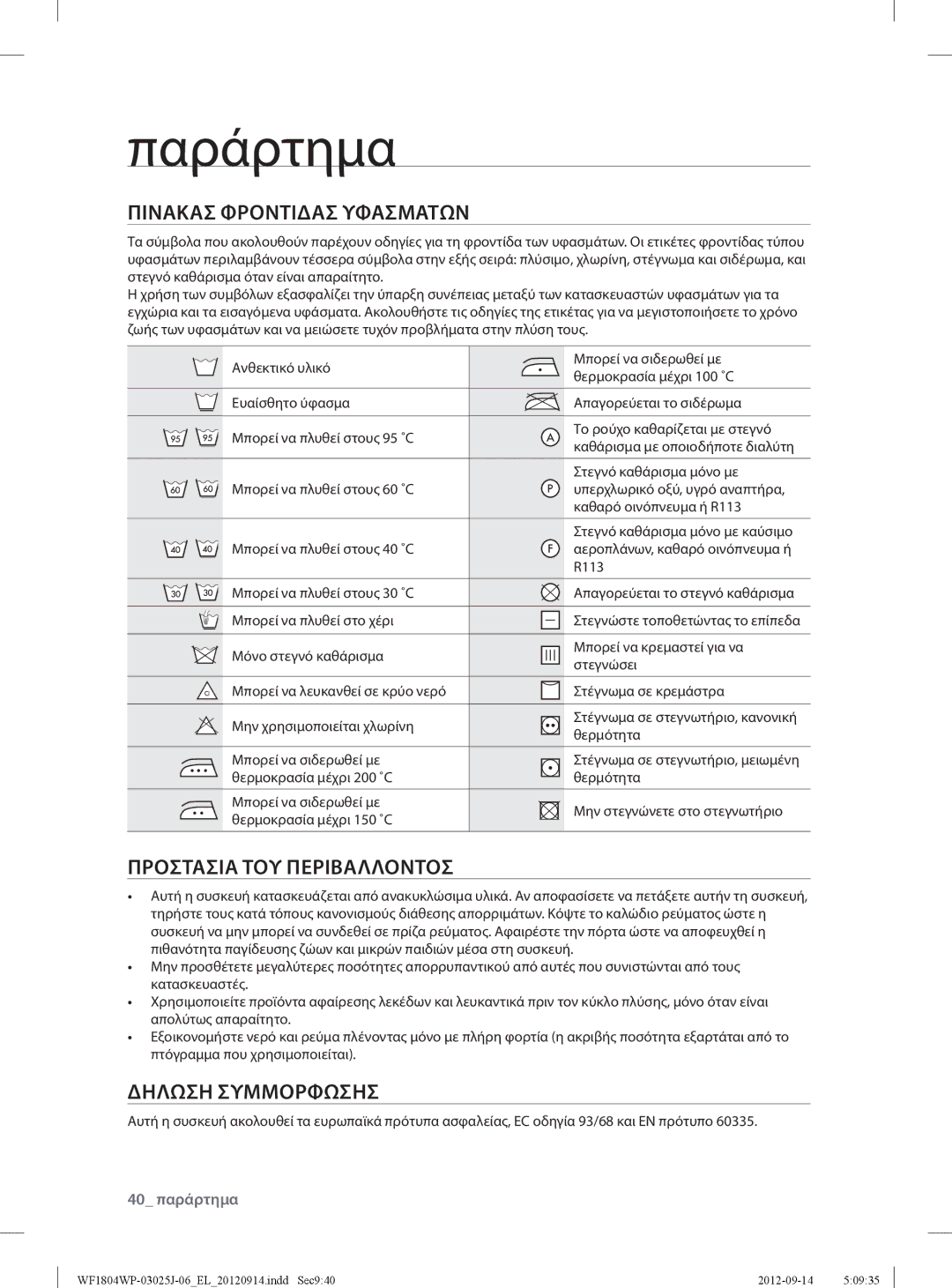 Samsung WF1702WPV2/YLV manual Παράρτημα, Πινακασ Φροντιδασ Υφασματων, Προστασια ΤΟΥ Περιβαλλοντοσ, Δηλωση Συμμορφωσησ 