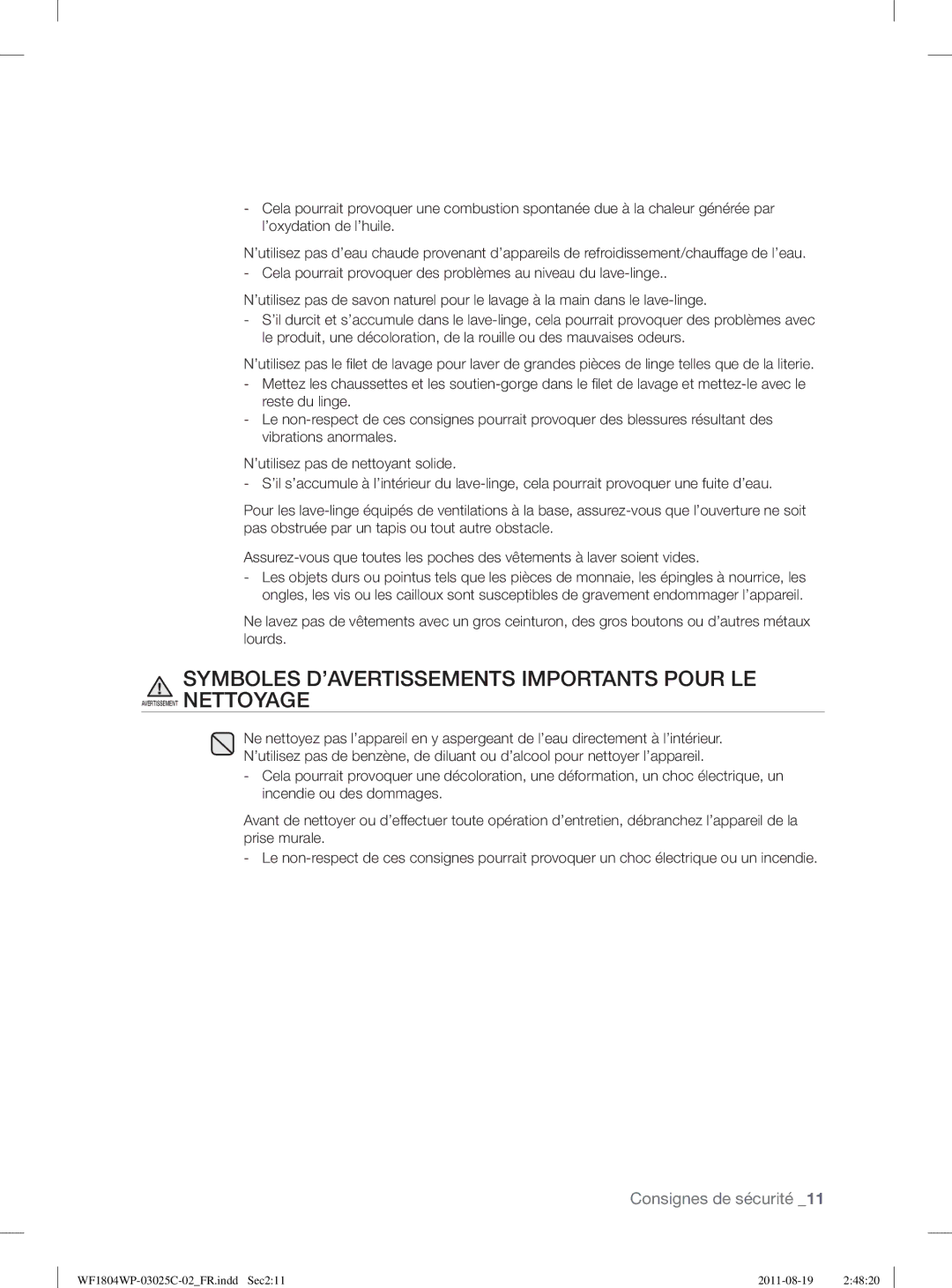 Samsung WF1804WSV2/XEF, WF1802WSW2/XEF manual Symboles D’AVERTISSEMENTS Importants Pour LE 