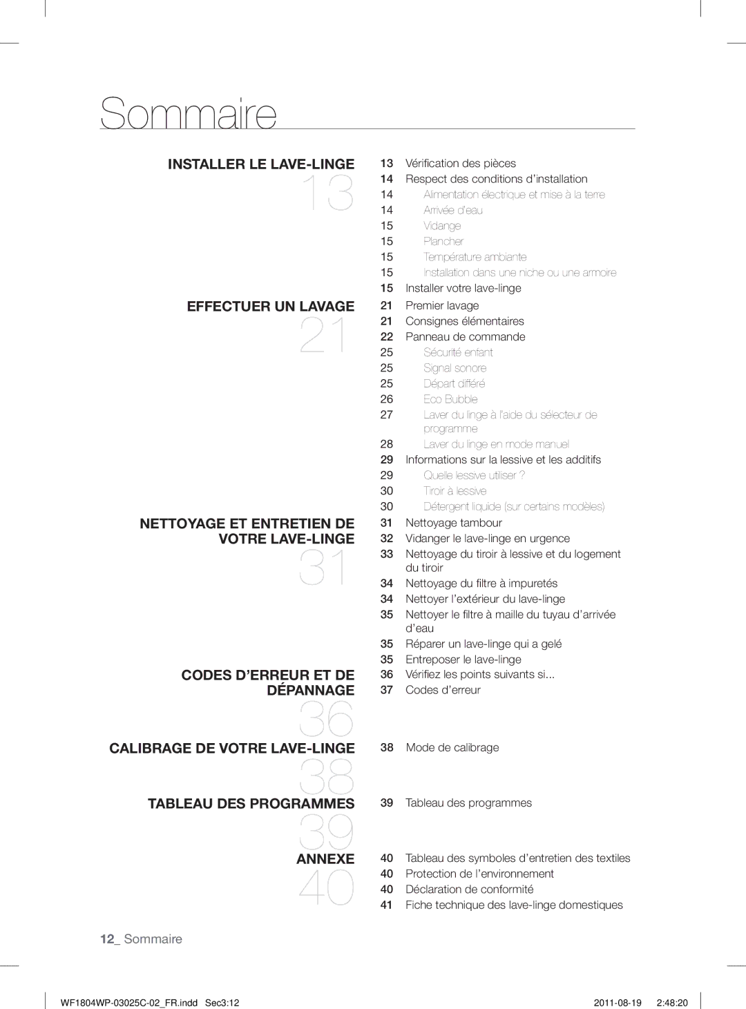 Samsung WF1802WSW2/XEF, WF1804WSV2/XEF Sommaire, Mode de calibrage, Tableau des programmes, Protection de l’environnement 