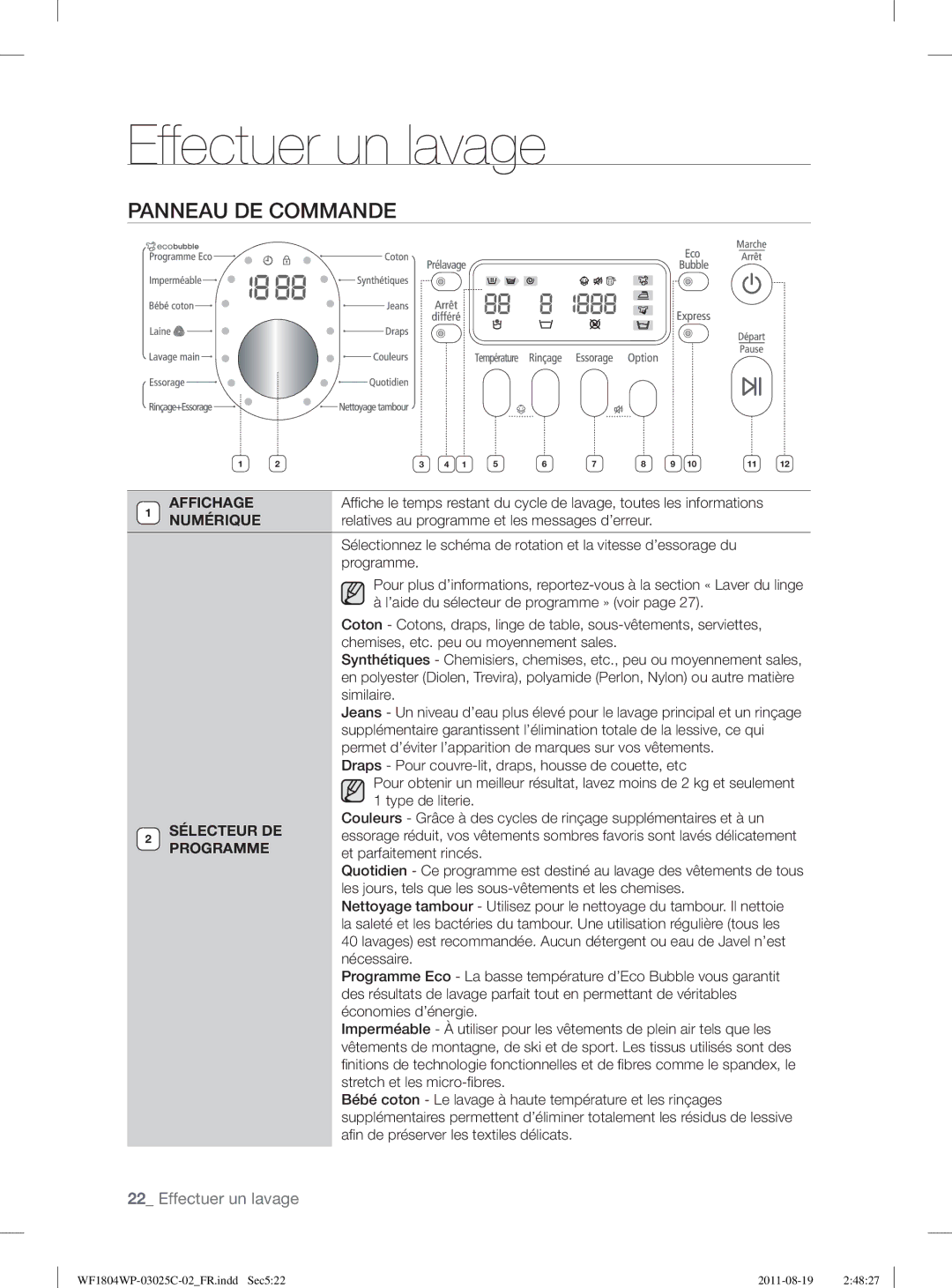 Samsung WF1802WSW2/XEF, WF1804WSV2/XEF manual Panneau DE Commande 