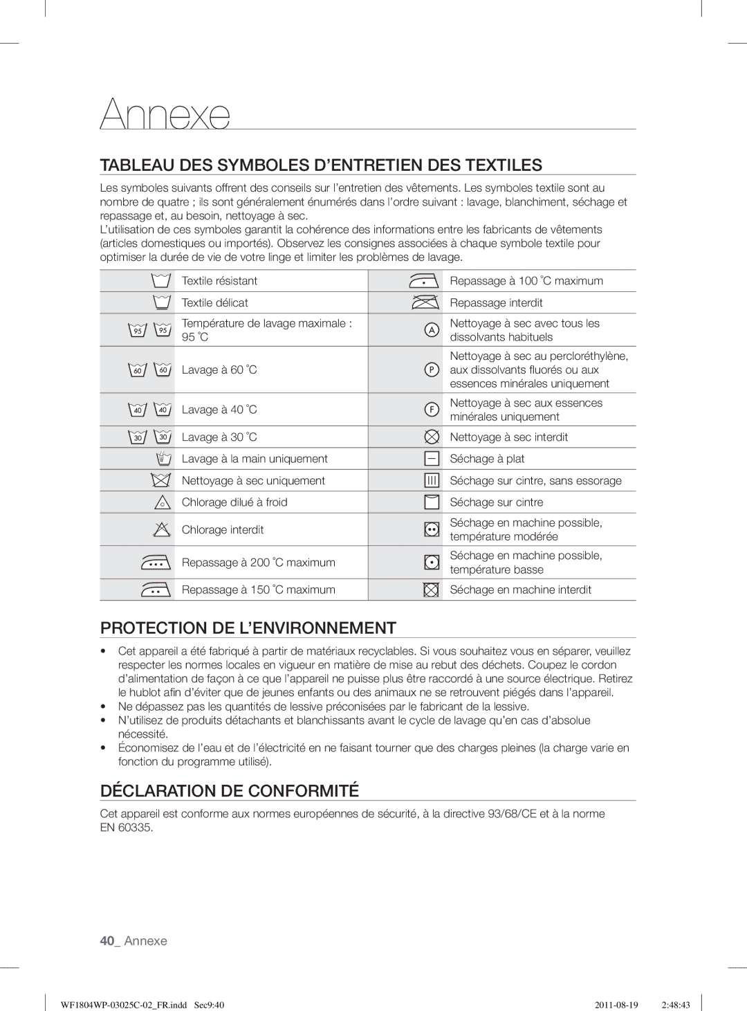 Samsung WF1802WSW2/XEF manual Annexe, Tableau DES Symboles D’ENTRETIEN DES Textiles, Protection DE L’ENVIRONNEMENT 