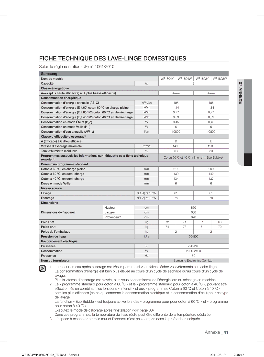 Samsung WF1804WSV2/XEF, WF1802WSW2/XEF Fiche Technique DES LAVE-LINGE Domestiques, Selon la réglementation UE n 1061/2010 