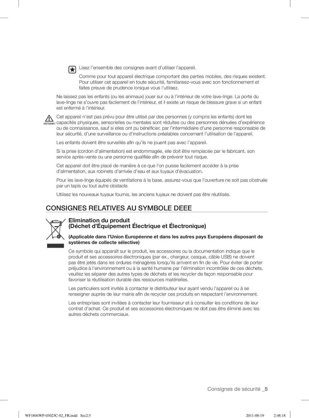 Samsung WF1804WSV2/XEF, WF1802WSW2/XEF manual Consignes Relatives AU Symbole Deee 