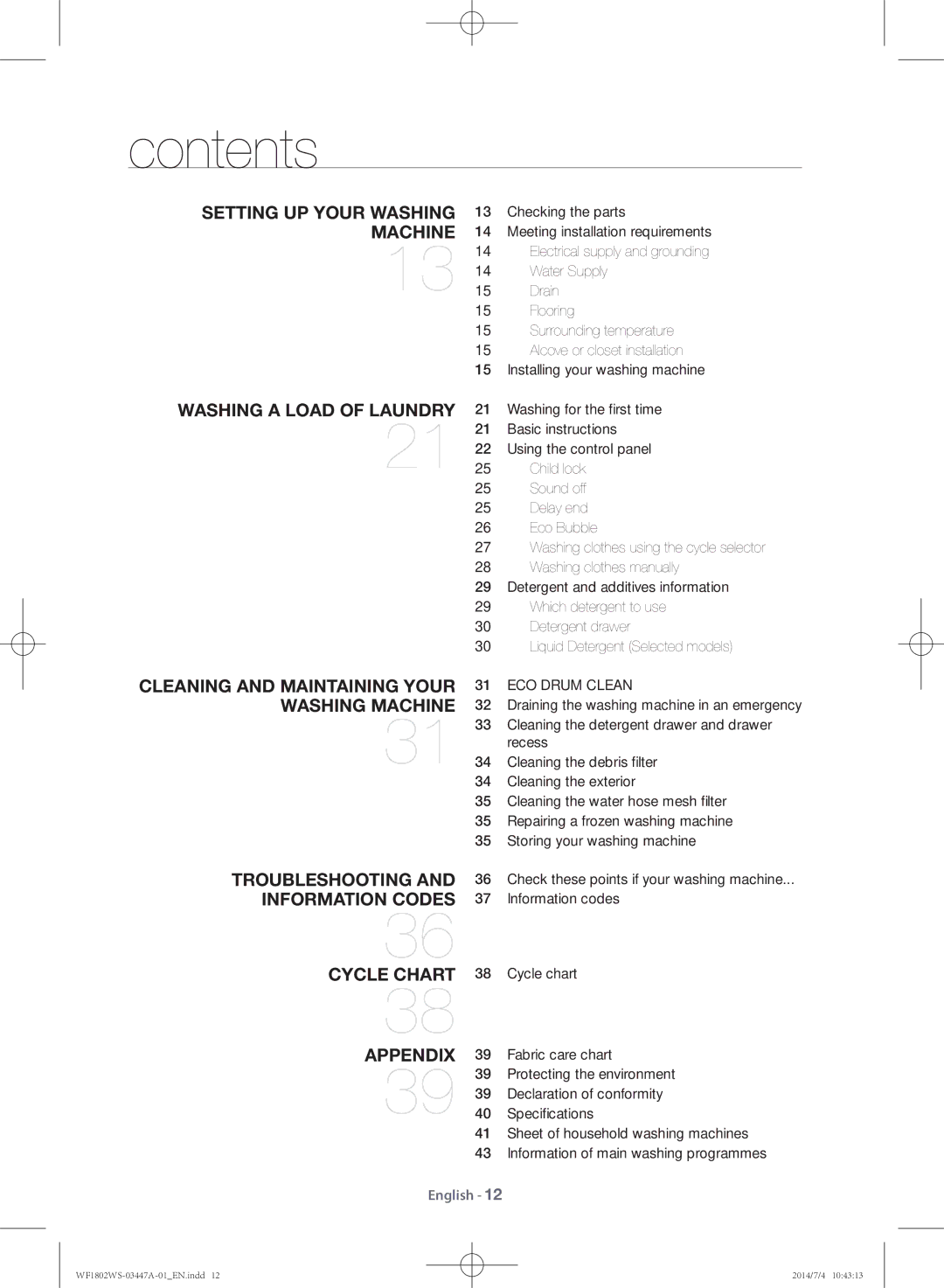 Samsung WF1802WSW/LA manual Contents 