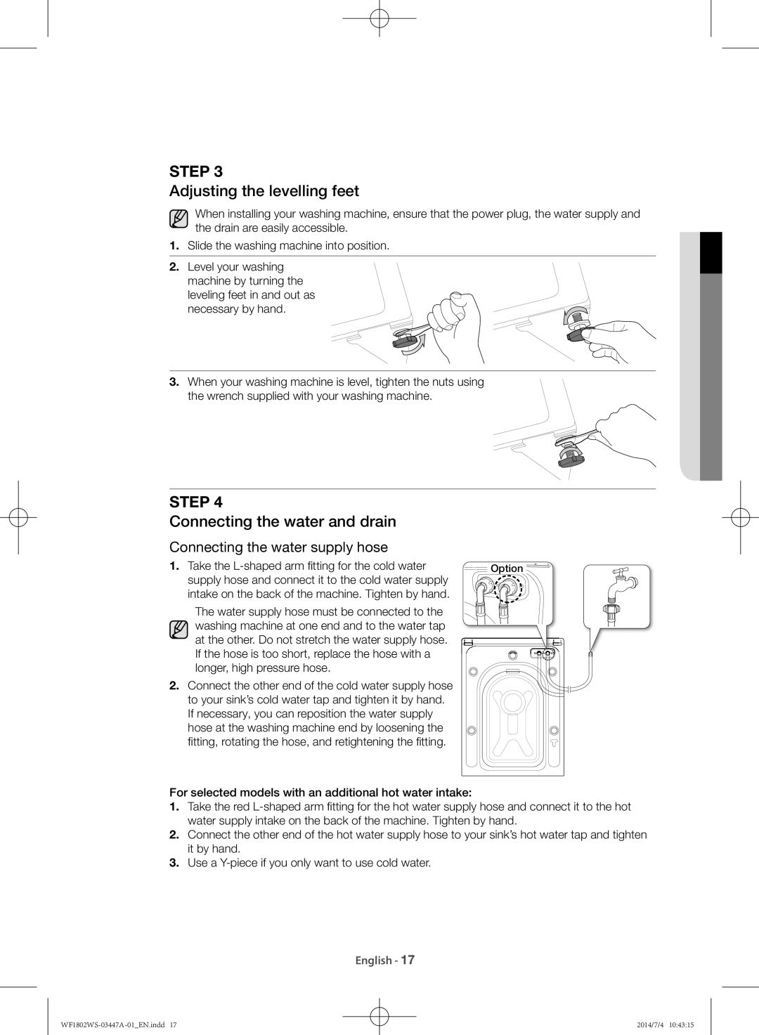 Samsung WF1802WSW/LA manual Adjusting the levelling feet, Connecting the water and drain 