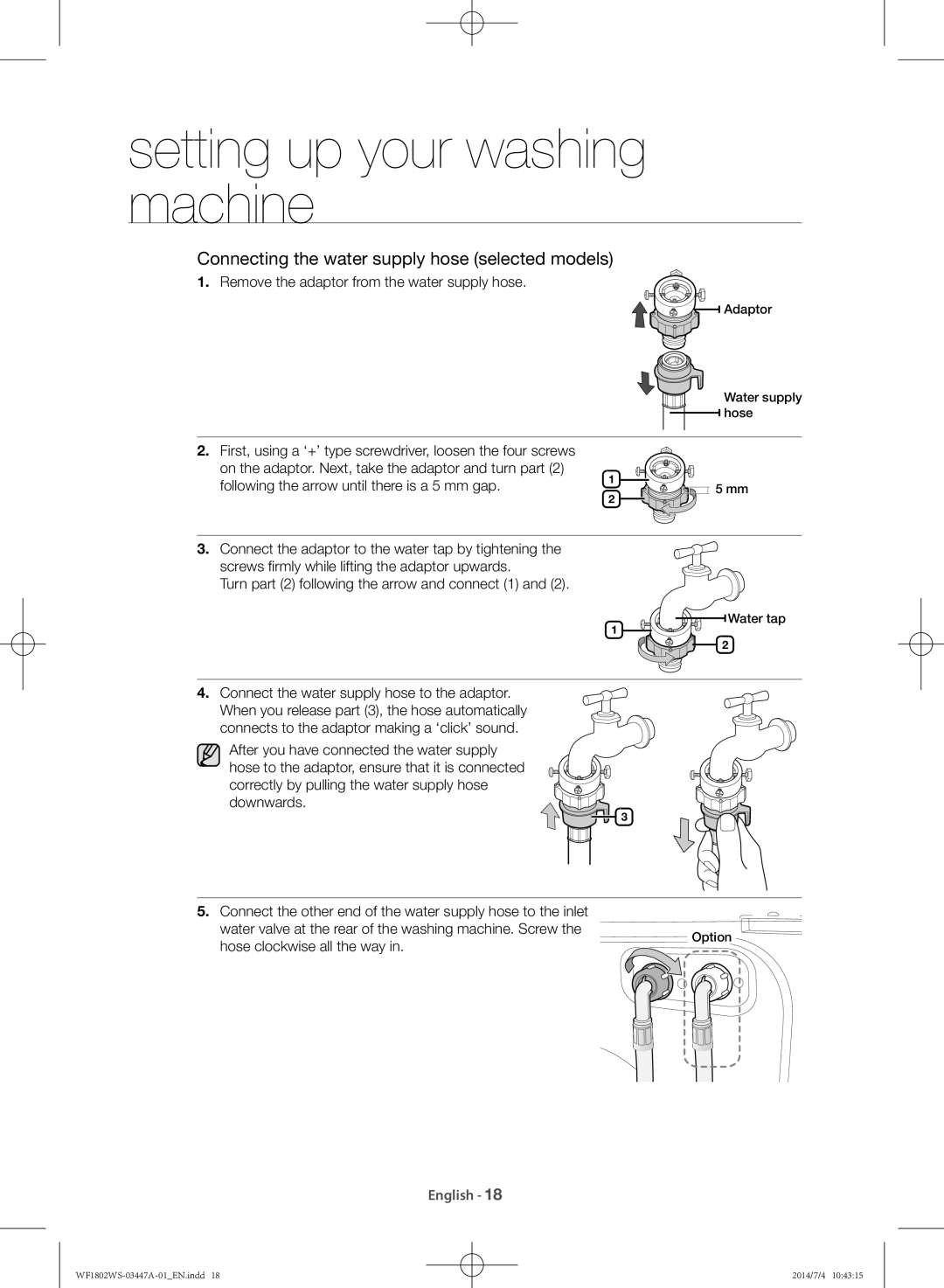 Samsung WF1802WSW/LA manual Remove the adaptor from the water supply hose, Hose clockwise all the way 