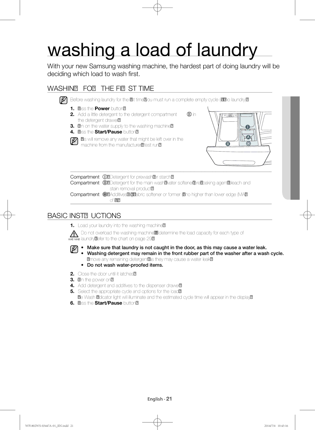 Samsung WF1802WSW/LA manual Washing a load of laundry, Washing for the first time, Basic instructions 