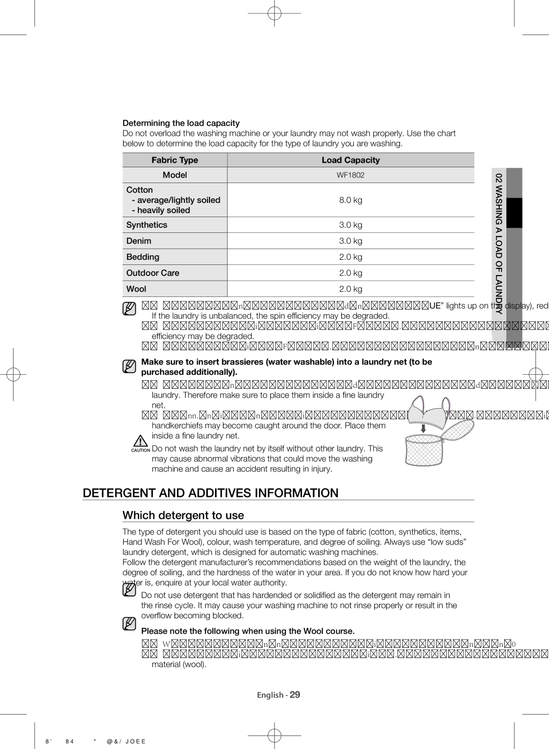 Samsung WF1802WSW/LA manual Detergent and additives information, Which detergent to use, Fabric Type Load Capacity, Model 
