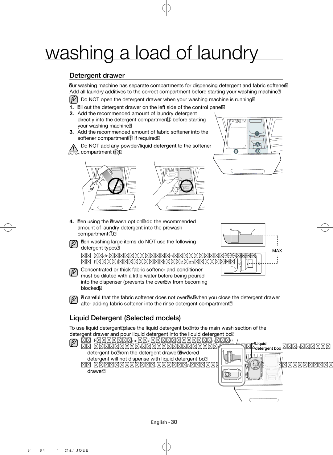 Samsung WF1802WSW/LA manual Detergent drawer, Liquid Detergent Selected models 