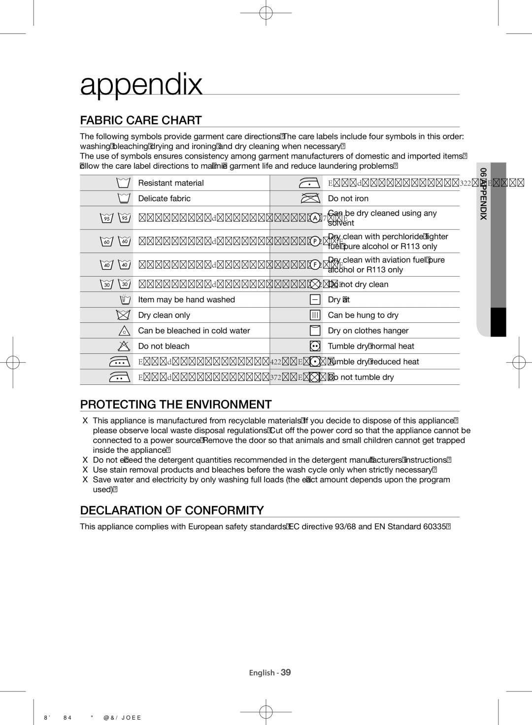 Samsung WF1802WSW/LA manual Appendix, Fabric care chart, Protecting the environment, Declaration of conformity, Ixdne App06 