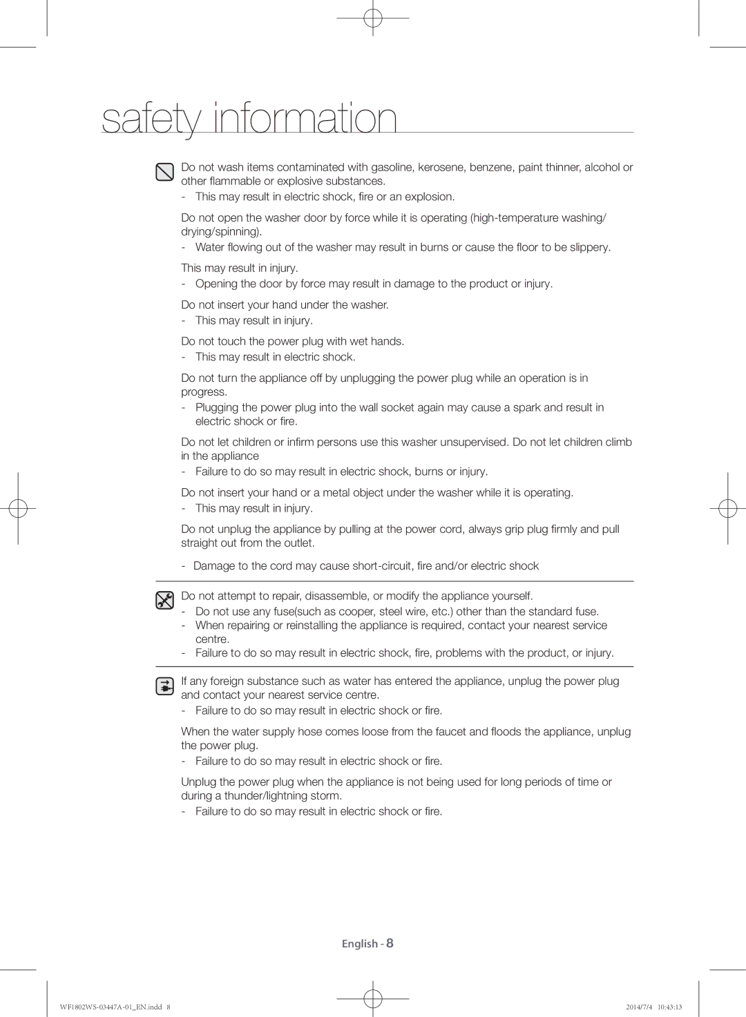 Samsung WF1802WSW/LA manual Safety information 