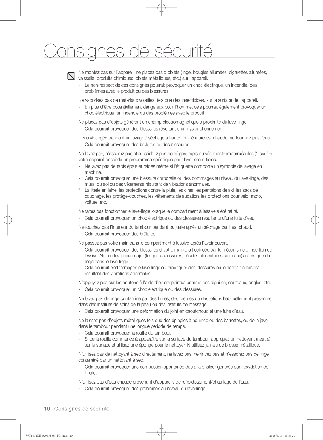 Samsung WF1802XEC/XEF manual Consignes de sécurité 