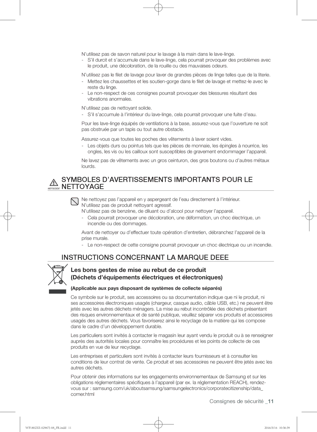 Samsung WF1802XEC/XEF manual Symboles D’AVERTISSEMENTS Importants Pour LE, Instructions concernant la marque Deee 