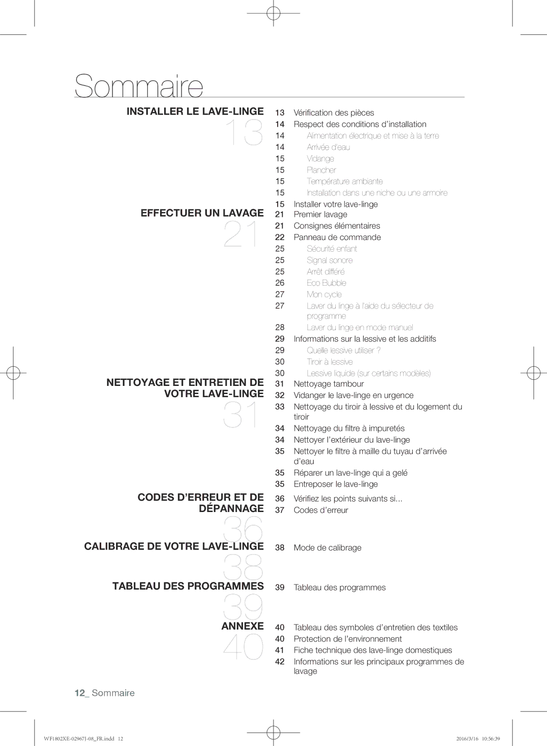 Samsung WF1802XEC/XEF manual Sommaire 