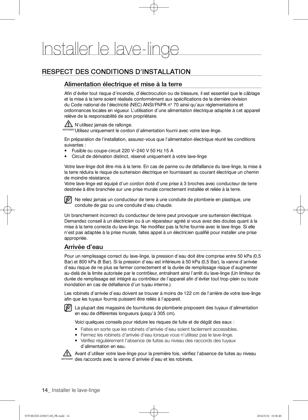 Samsung WF1802XEC/XEF Respect des conditions d’installation, Alimentation électrique et mise à la terre, Arrivée d’eau 