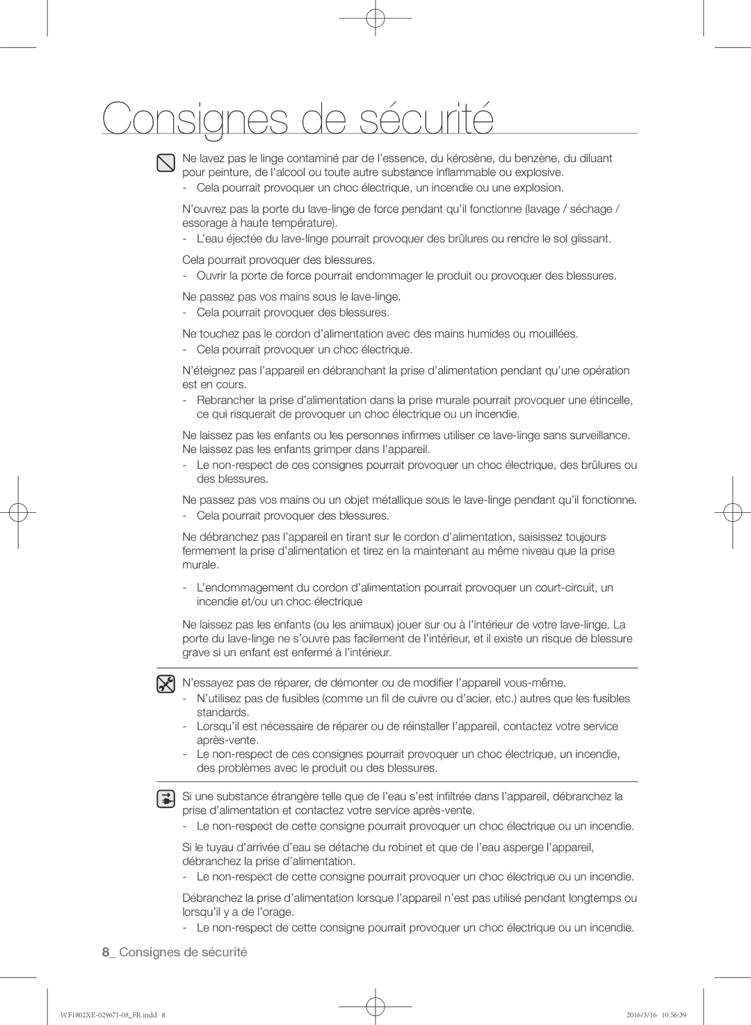 Samsung WF1802XEC/XEF manual Consignes de sécurité 