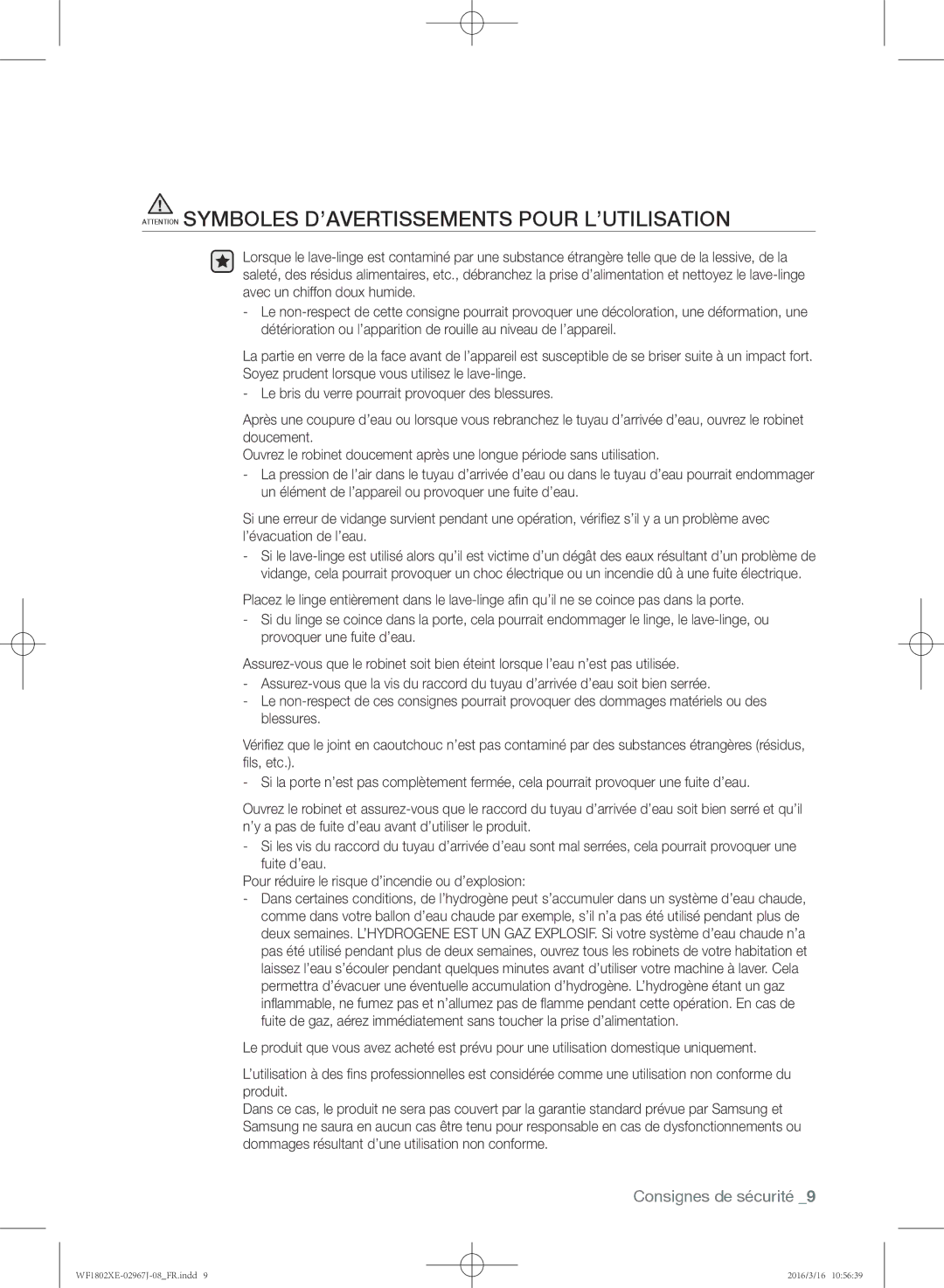 Samsung WF1802XEC/XEF manual Consignes de sécurité 