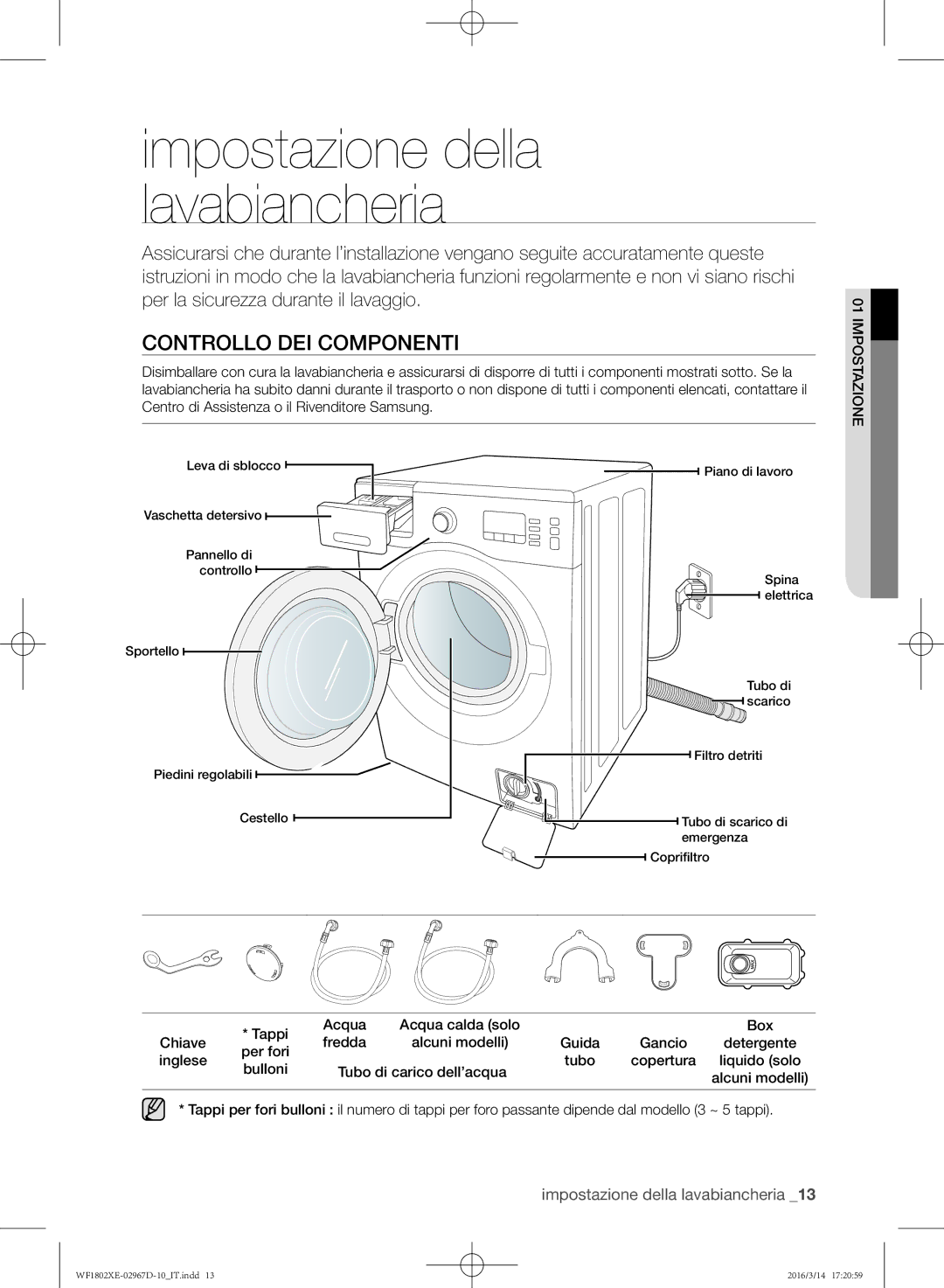 Samsung WF1802XEC/XET manual Impostazione della lavabiancheria, Controllo dei componenti 