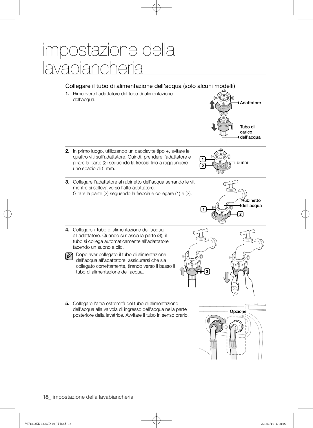 Samsung WF1802XEC/XET manual Rimuovere ladattatore dal tubo di alimentazione dellacqua 