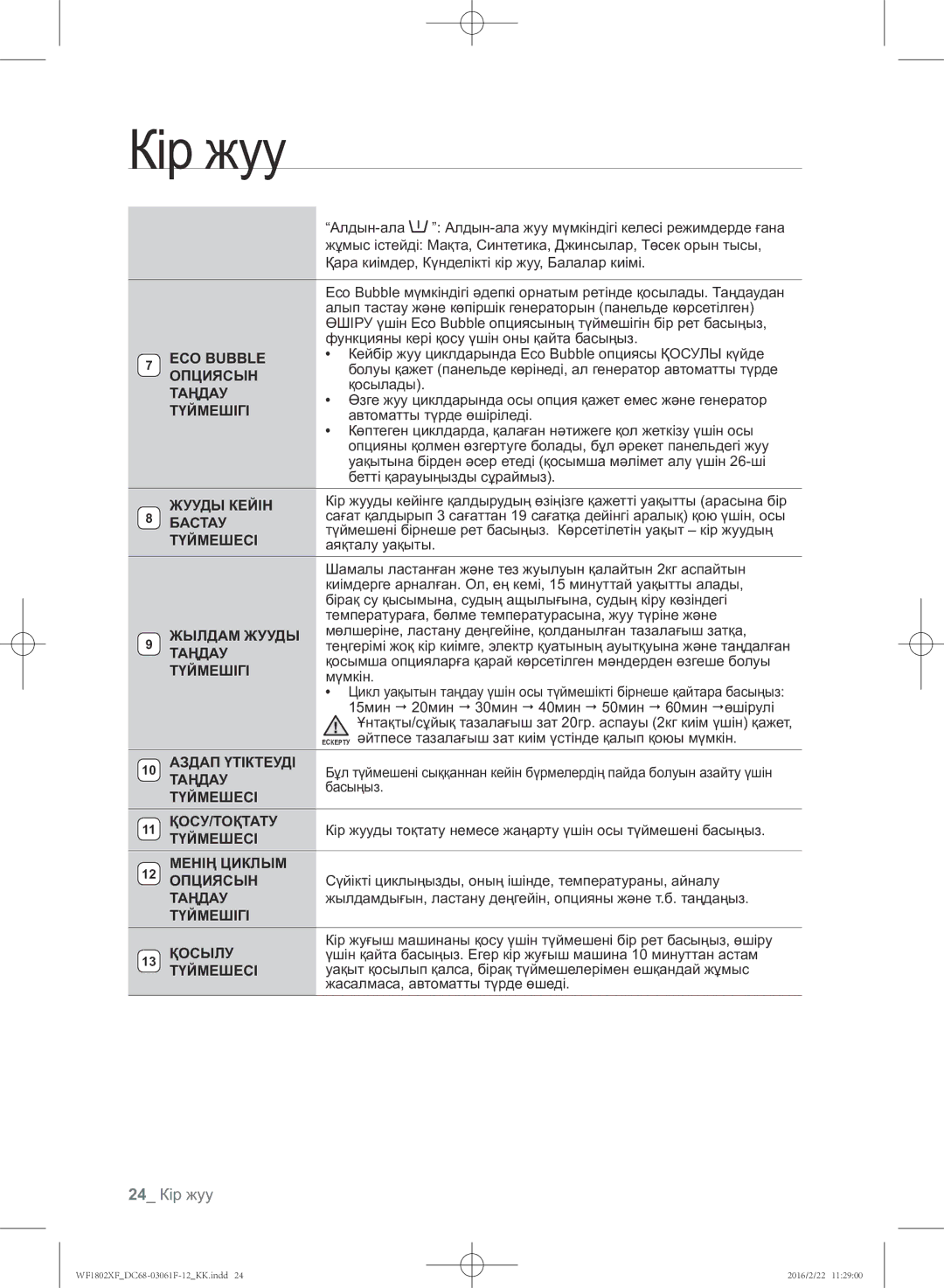 Samsung WF1802XFK/YLP, WF1802XFW/YLP manual 24 Кір жуу 