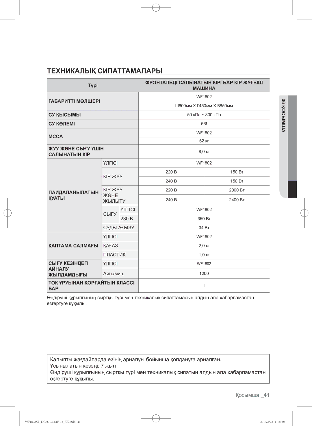 Samsung WF1802XFW/YLP, WF1802XFK/YLP manual Техникалық Сипаттамалары, Қосымша 