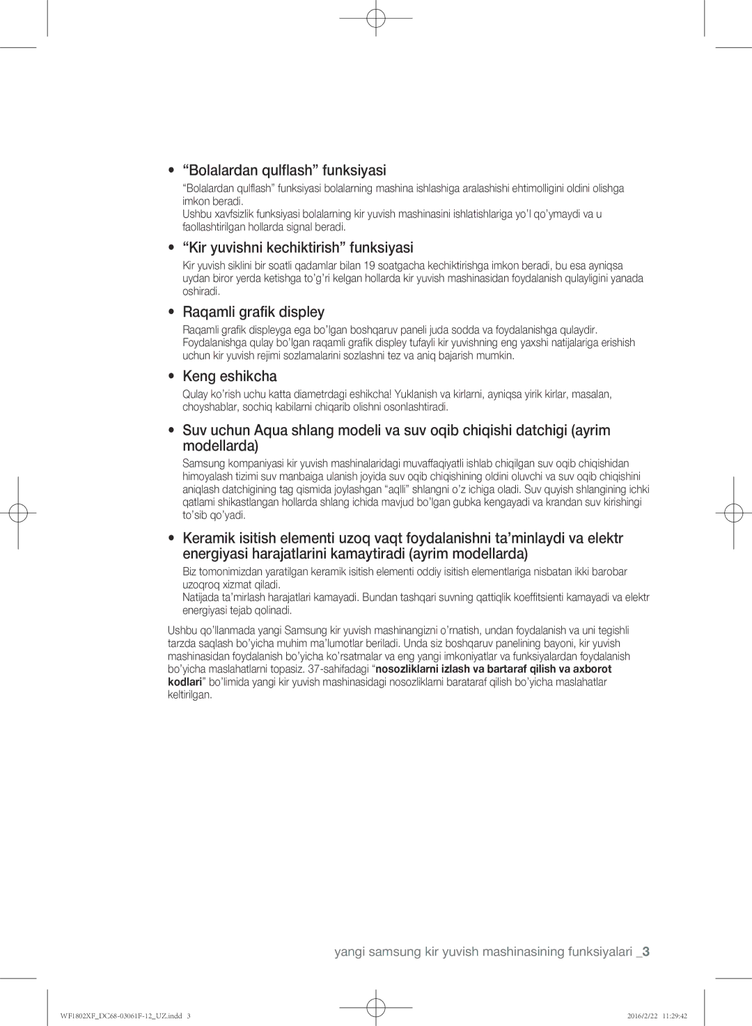 Samsung WF1802XFW/YLP manual Bolalardan qulflash funksiyasi, Kir yuvishni kechiktirish funksiyasi, Raqamli grafik displey 