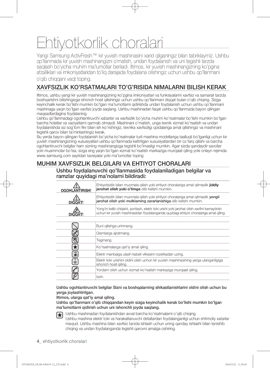 Samsung WF1802XFK/YLP, WF1802XFW/YLP manual Ehtiyotkorlik choralari, ’qib chiqqani vaqt toping 