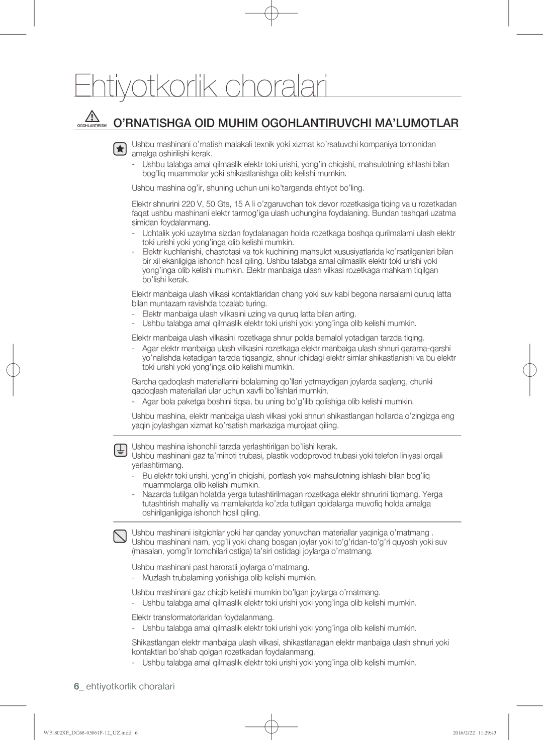 Samsung WF1802XFK/YLP, WF1802XFW/YLP manual Ehtiyotkorlik choralari 