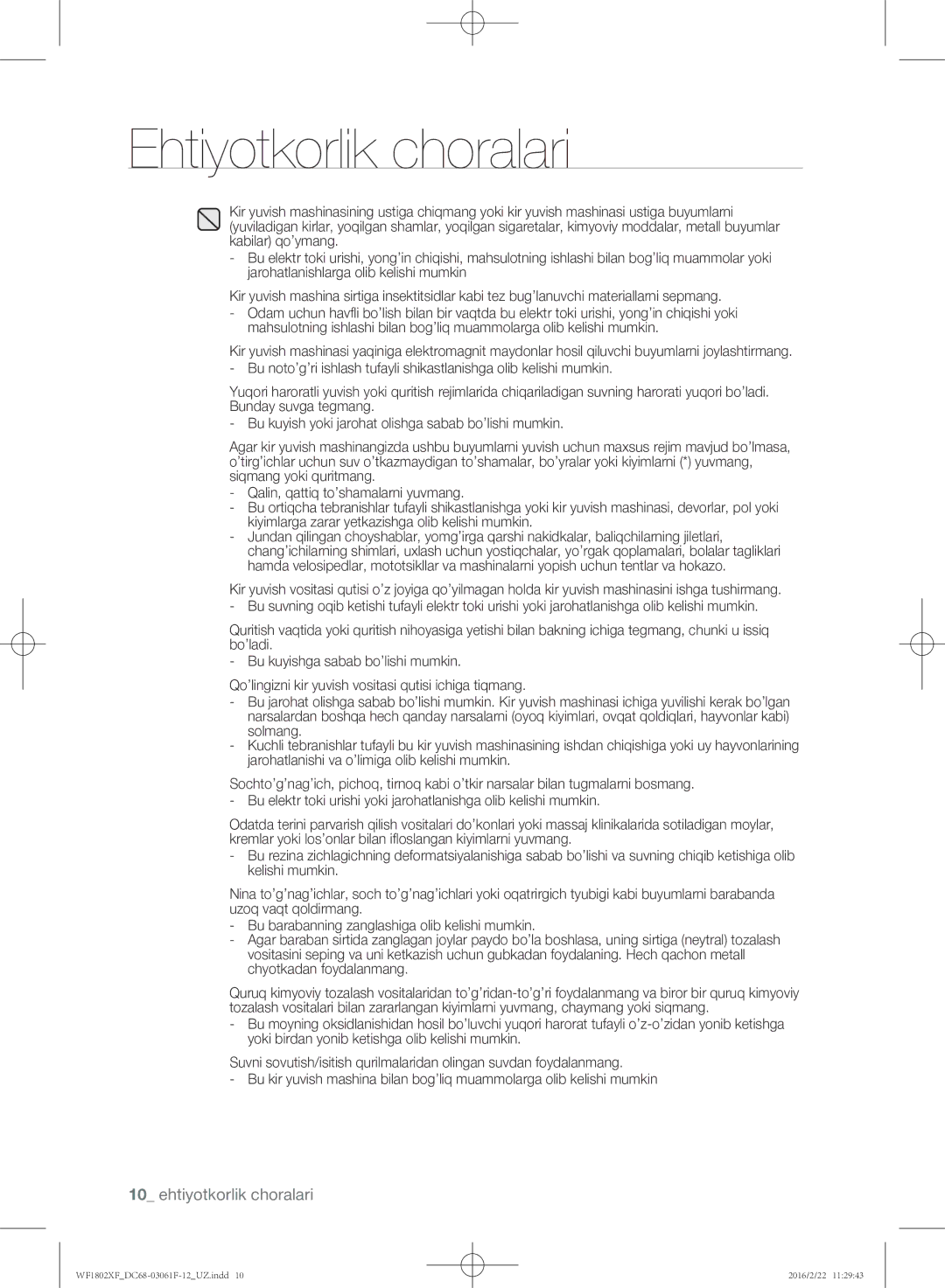 Samsung WF1802XFK/YLP, WF1802XFW/YLP manual Ehtiyotkorlik choralari 